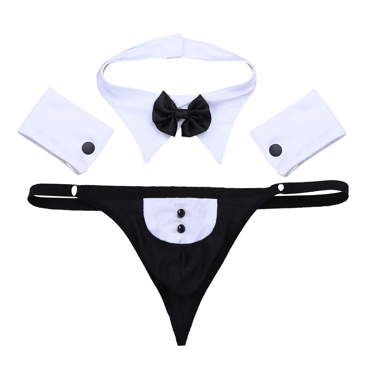 3Pcs Mens Cosplay Costumes Waiter Lingerie Sets Open Back Tuxedo G-string Thong Underwear with Bow Tie Collar and Bracelets Sets