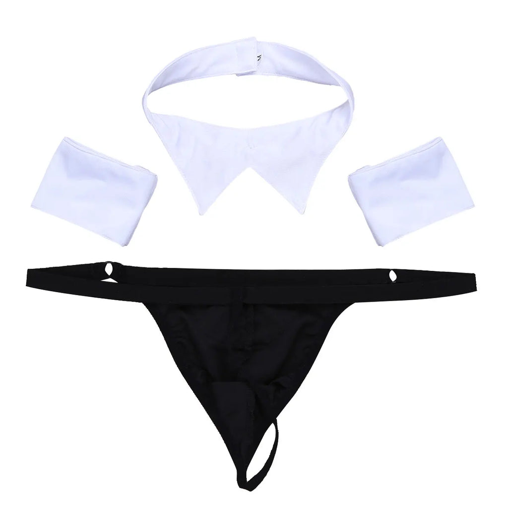 3Pcs Mens Cosplay Costumes Waiter Lingerie Sets Open Back Tuxedo G-string Thong Underwear with Bow Tie Collar and Bracelets Sets