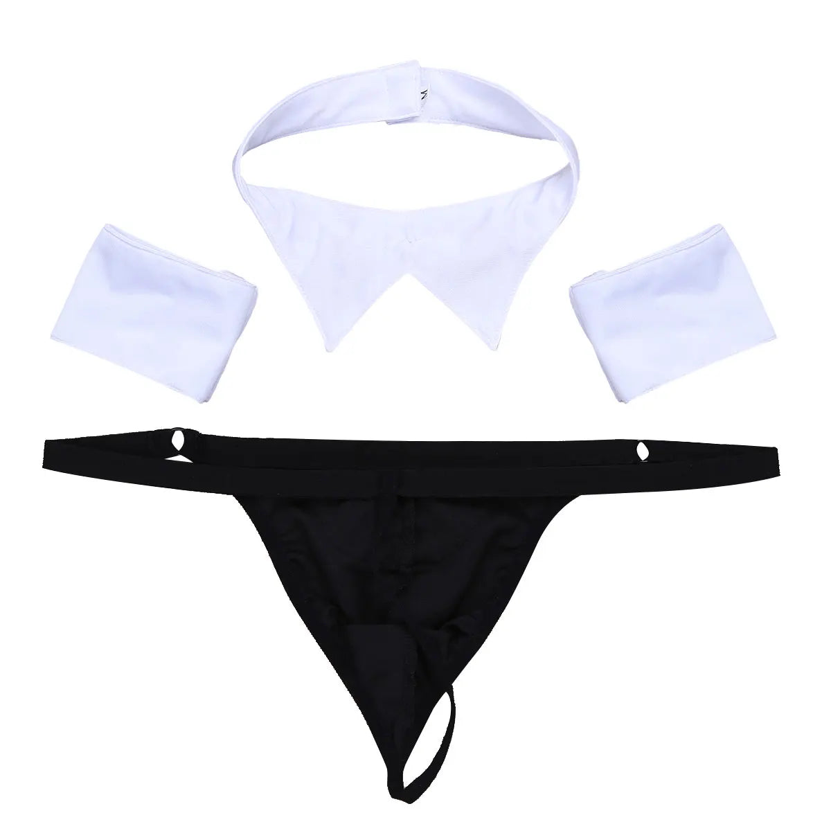 3Pcs Mens Cosplay Costumes Waiter Lingerie Sets Open Back Tuxedo G-string Thong Underwear with Bow Tie Collar and Bracelets Sets