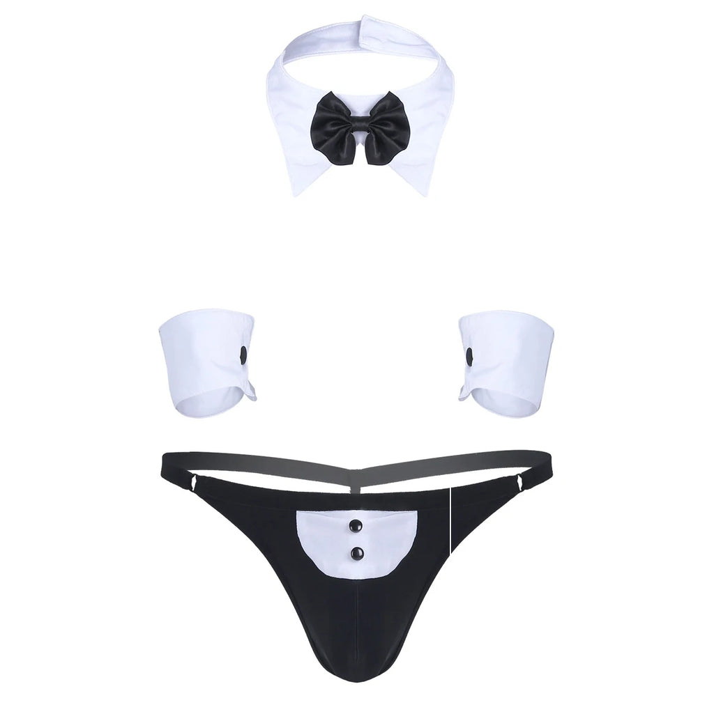 3Pcs Mens Cosplay Costumes Waiter Lingerie Sets Open Back Tuxedo G-string Thong Underwear with Bow Tie Collar and Bracelets Sets