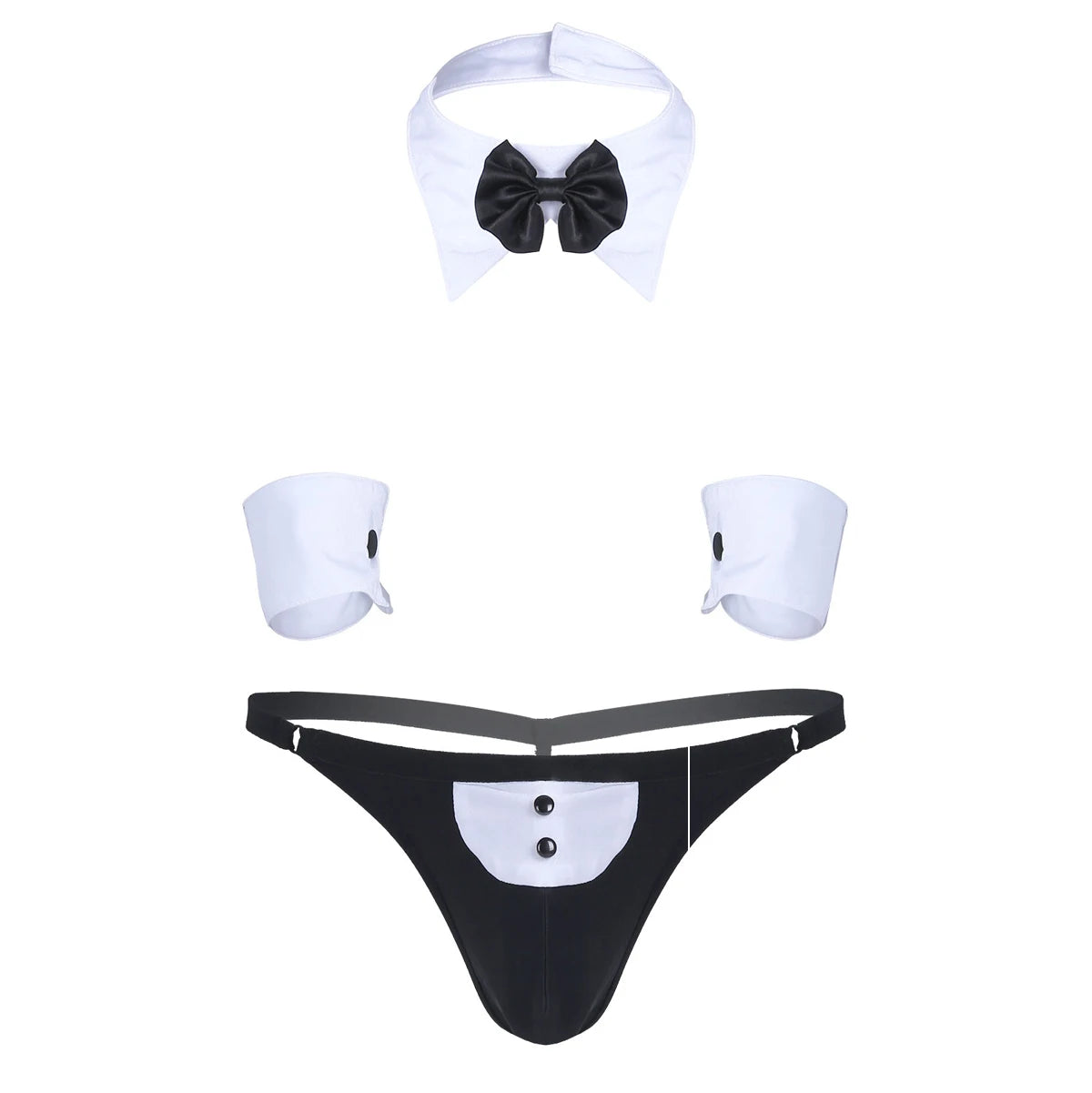 3Pcs Mens Cosplay Costumes Waiter Lingerie Sets Open Back Tuxedo G-string Thong Underwear with Bow Tie Collar and Bracelets Sets