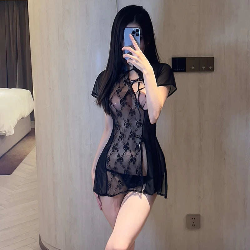 Chinese Antique Style Lingerie Dress Lace Patchwork See Through Anime Women Qipao Cosplay Costume White Tulle Lingerie Set