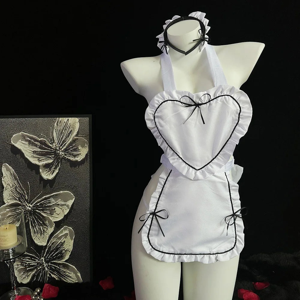 White Heart Maid Lingerie Set Women Role Play Outfit Halter Apron Big Bow Trim Lingerie Cosplay Halloween Party
