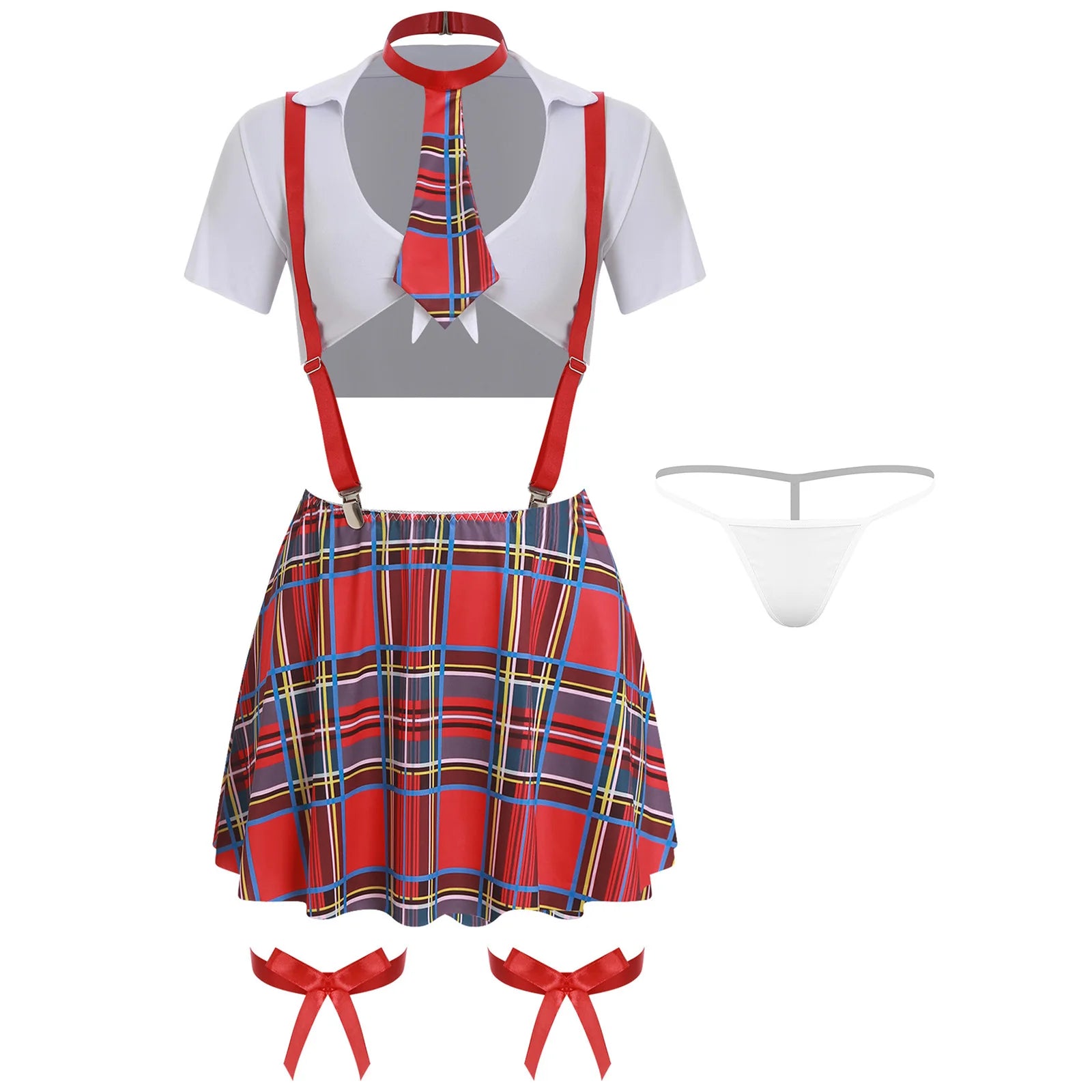 Women Lingerie School Girls Cosplay Costume Student Uniform Cropped Tops with Tie Plaid Suspender Mini Skirt Thong Underwear