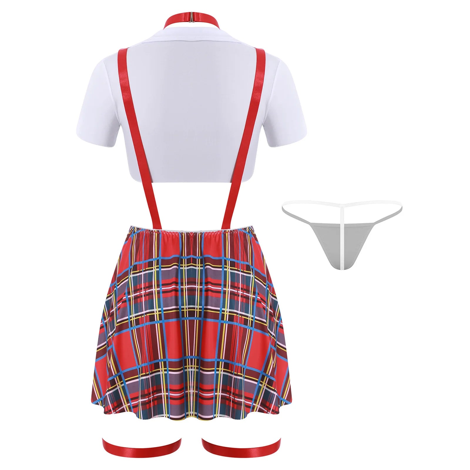 Women Lingerie School Girls Cosplay Costume Student Uniform Cropped Tops with Tie Plaid Suspender Mini Skirt Thong Underwear