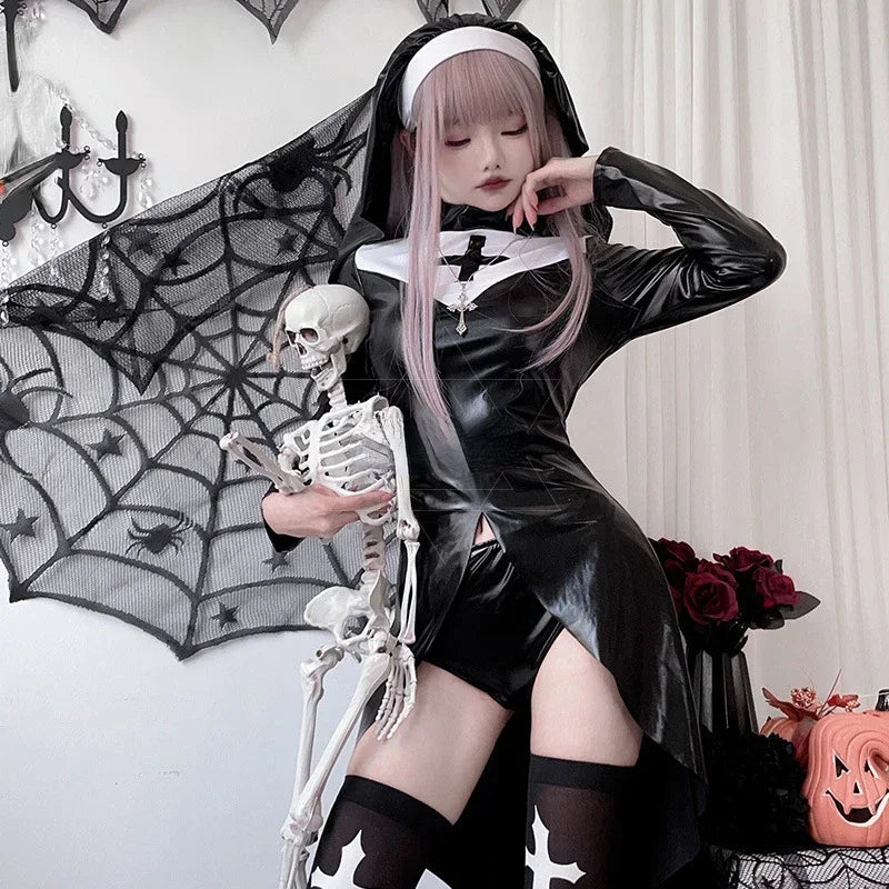 In Stock Latex Nun Costume Leather Cosplay Santa Christmas Xmas New Year Lingerie Sexy Hot Erotic Sweet Heart Clothing
