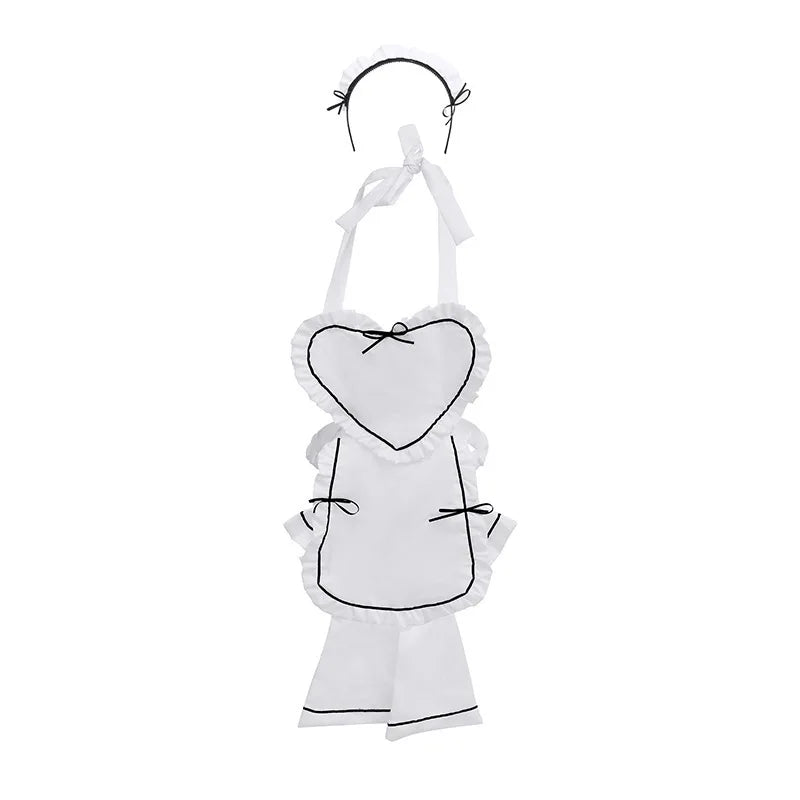 White Heart Maid Lingerie Set Women Role Play Outfit Halter Apron Big Bow Trim Lingerie Cosplay Halloween Party