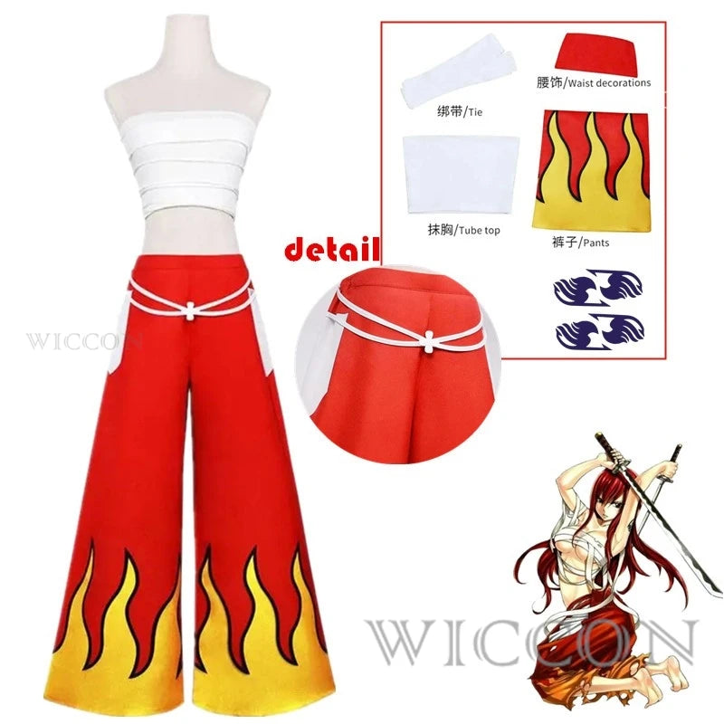 Erza Scarlet Costume Pants White Tube Tops Red Cool Set