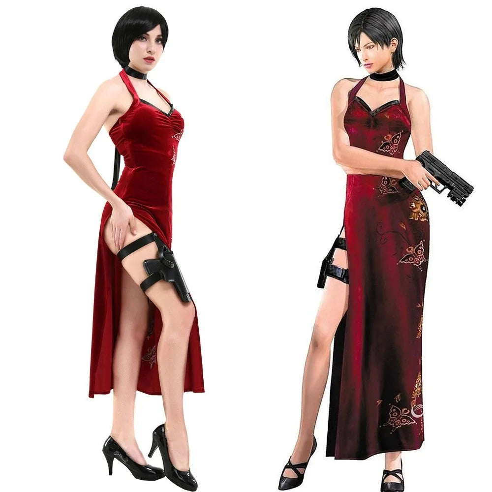 Hot Sale Ada Wong Cosplay Costume Cheongsam Lingerie Suit Red Dress (ressident evil biohazard)