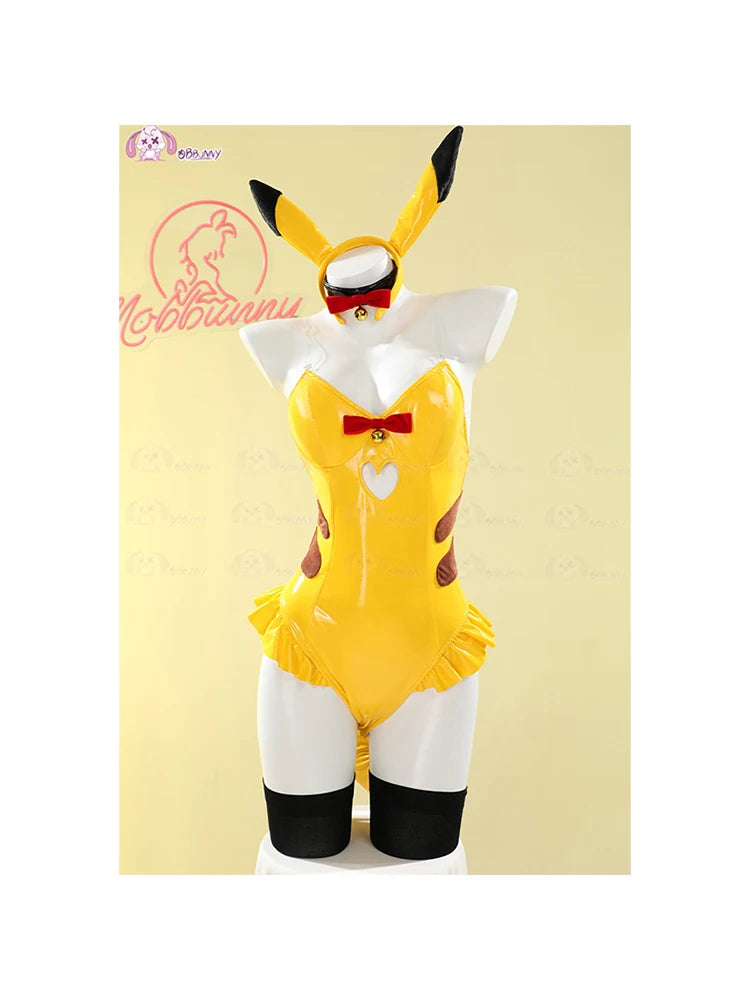 Anime PM Derivative Sexy Lingerie BodysuitYellow PU Cosplay Costume Women's Dress Bunny Lingerie Cos Bright Leather Tight Yellow