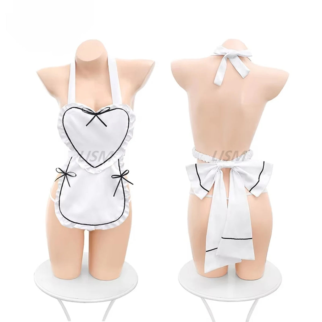 White Heart Maid Lingerie Set Women Role Play Outfit Halter Apron Big Bow Trim Lingerie Cosplay Halloween Party