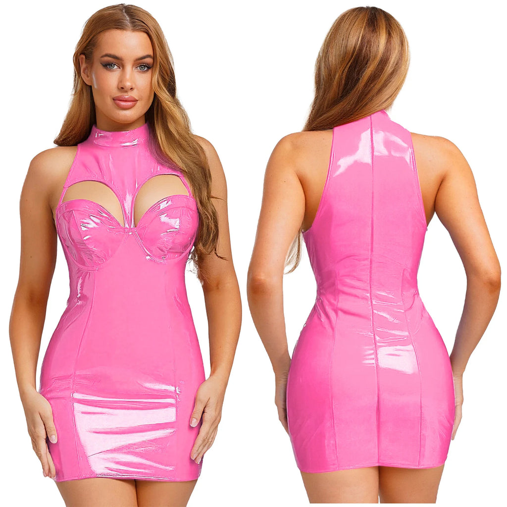 Women Wet Look Latex Lingerie Patent Leather Hollow-out Push-up Chest Dress Cosplay Clubwear Raves Party Adult Bodycon Dress