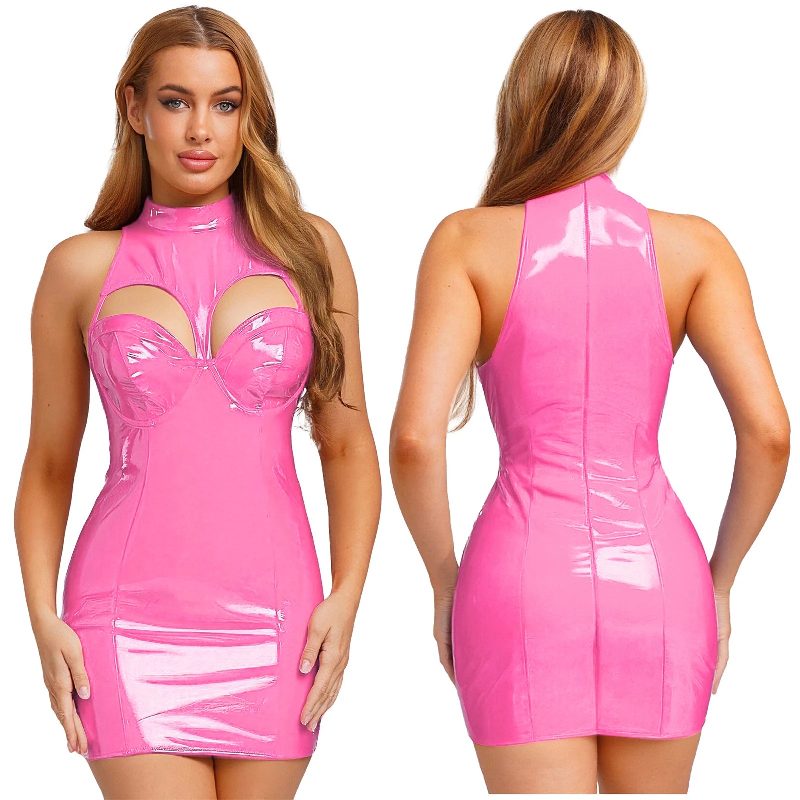 Women Wet Look Latex Lingerie Patent Leather Hollow-out Push-up Chest Dress Cosplay Clubwear Raves Party Adult Bodycon Dress