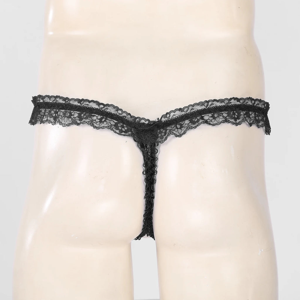 Sexy See-through Frilly Lace Crotchless T-back