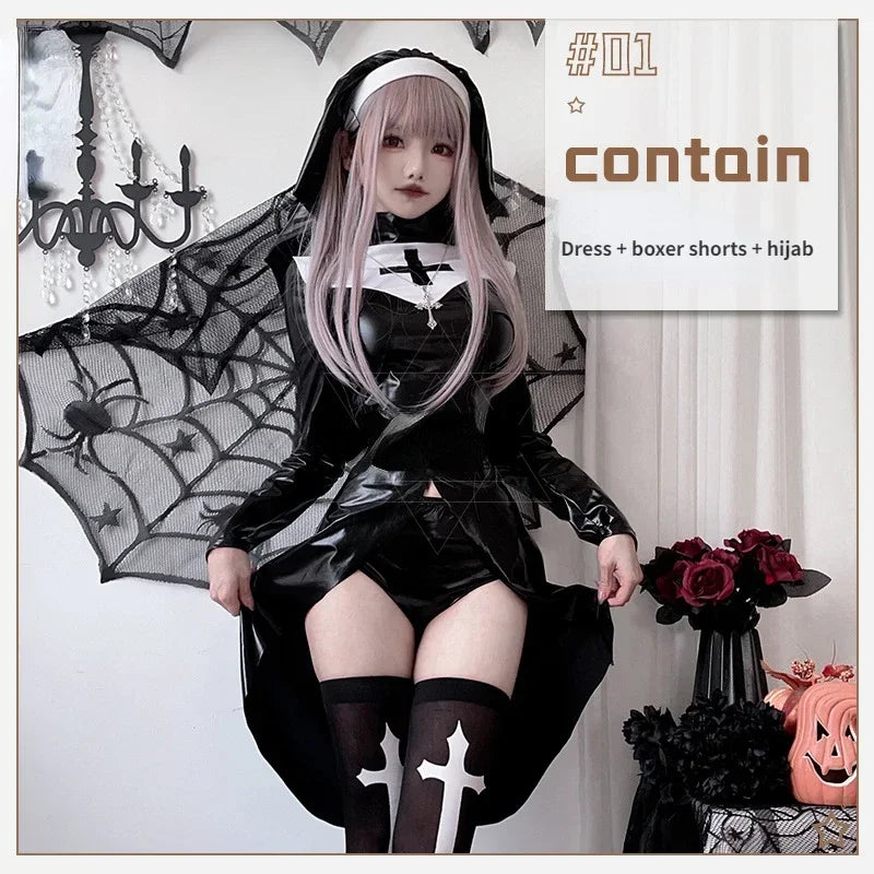 In Stock Latex Nun Costume Leather Cosplay Santa Christmas Xmas New Year Lingerie Sexy Hot Erotic Sweet Heart Clothing