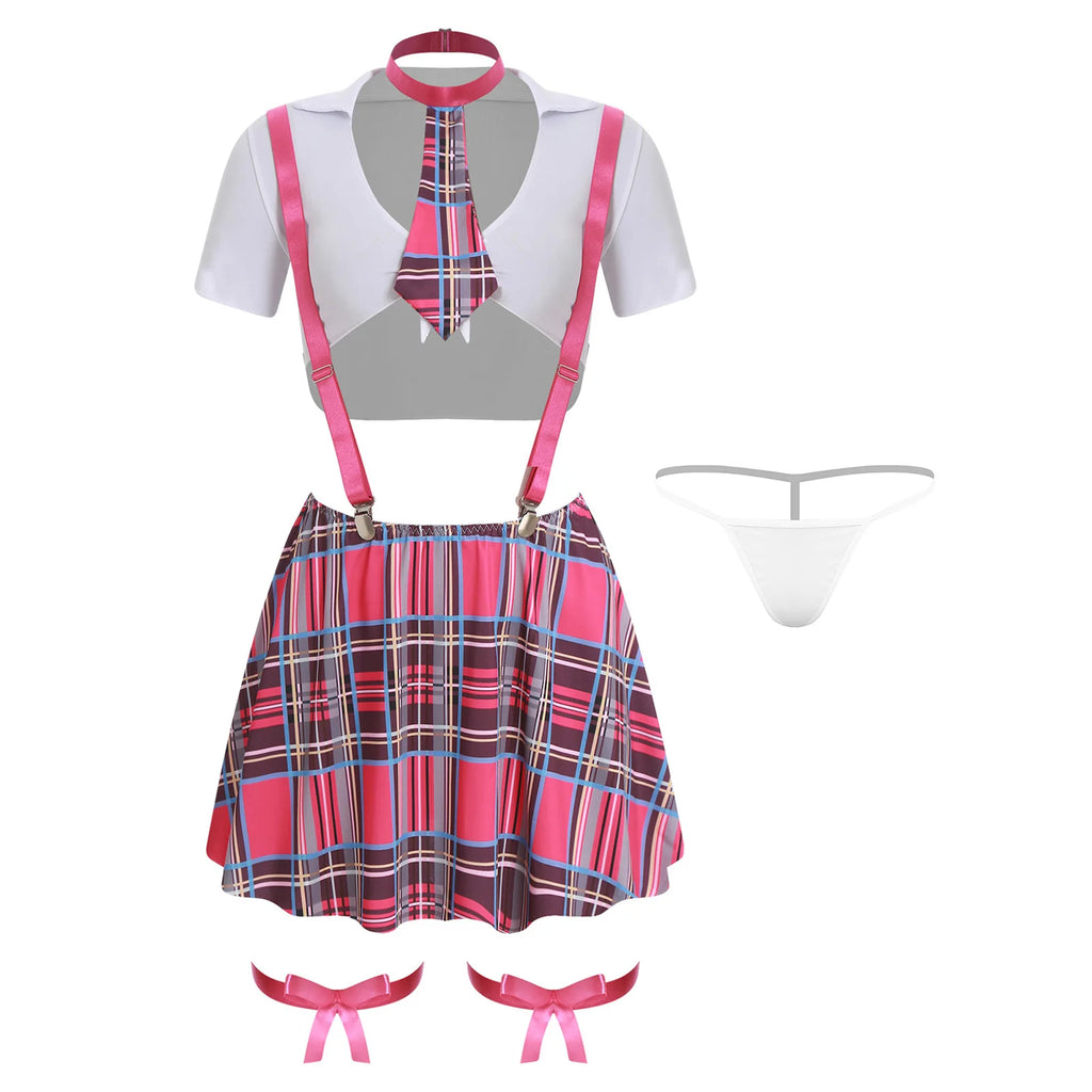Women Lingerie School Girls Cosplay Costume Student Uniform Cropped Tops with Tie Plaid Suspender Mini Skirt Thong Underwear