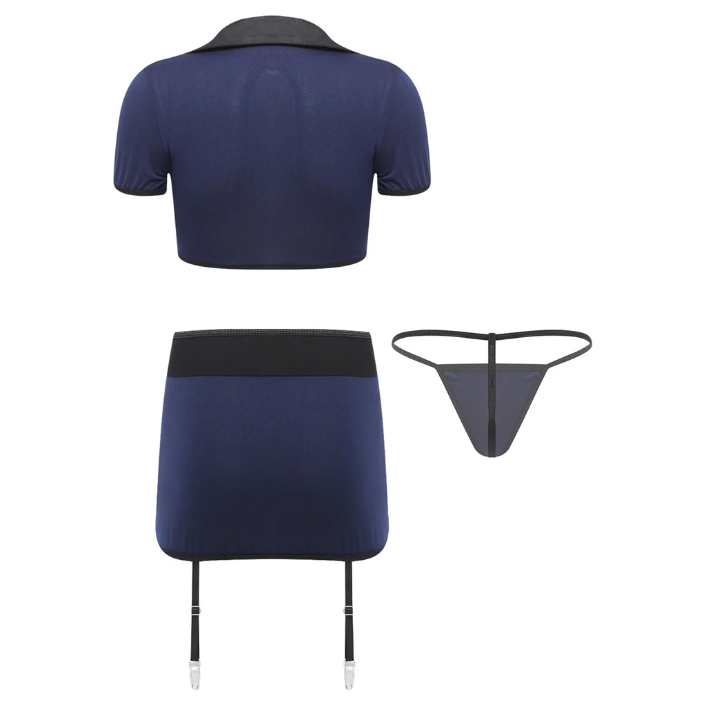 Womens Sexy Cosplay Lingerie Policewoman Costume Set Crop Top Miniskirt with Garters Clip T-back Thong And Waist Belt Clubwear