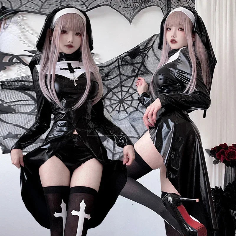 In Stock Latex Nun Costume Leather Cosplay Santa Christmas Xmas New Year Lingerie Sexy Hot Erotic Sweet Heart Clothing
