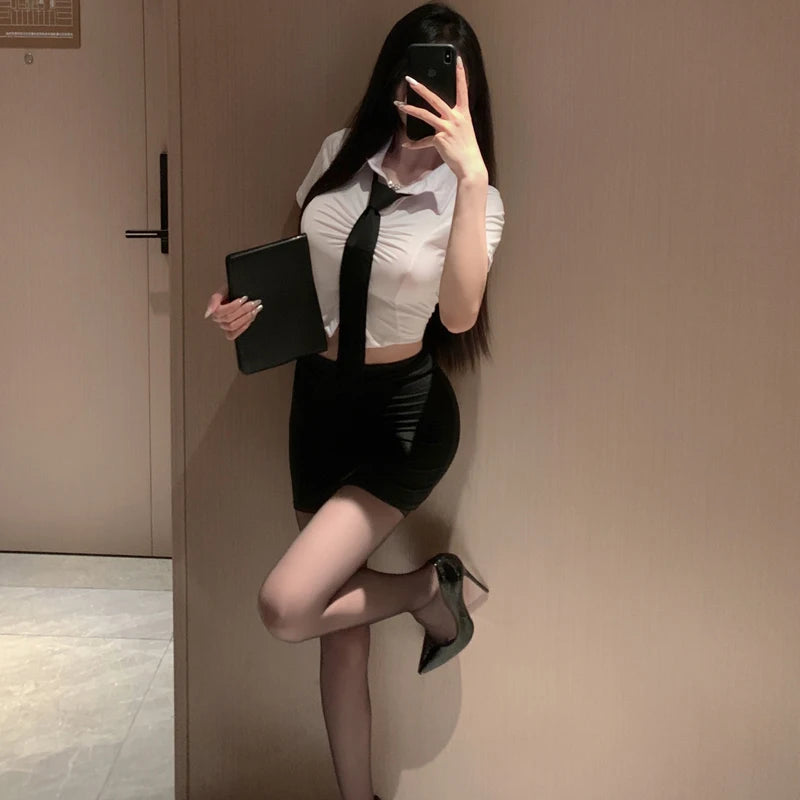 Sexy Lingerie Secretary Outfit Uniform Exotic Cosplay Costumes Office Lady Short Sleeve Top with Mini Skirt Porno Party Uniform