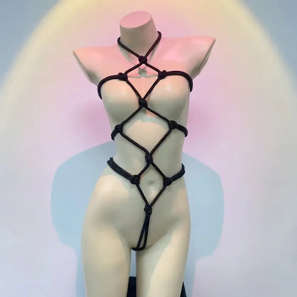 Women's Hot Sexy Hollow Lingerie Crotchless Body Rope Bondage Cosplay