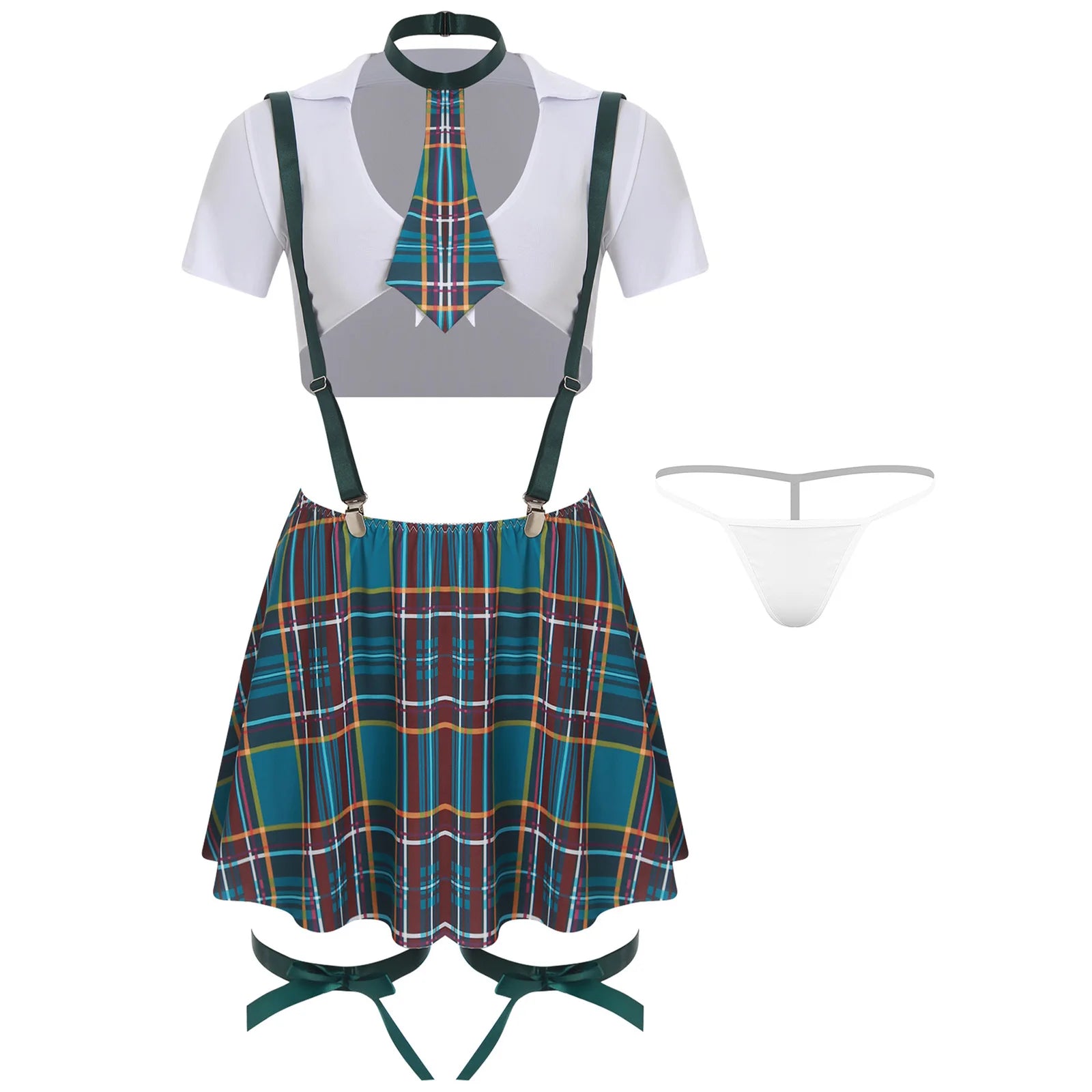 Women Lingerie School Girls Cosplay Costume Student Uniform Cropped Tops with Tie Plaid Suspender Mini Skirt Thong Underwear