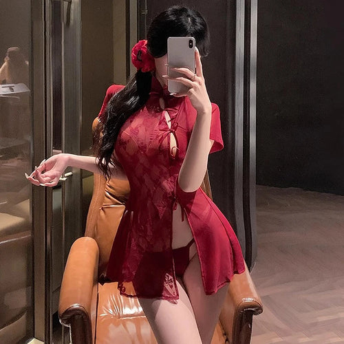 Chinese Antique Style Lingerie Dress Lace Patchwork See Through Anime Women Qipao Cosplay Costume White Tulle Lingerie Set