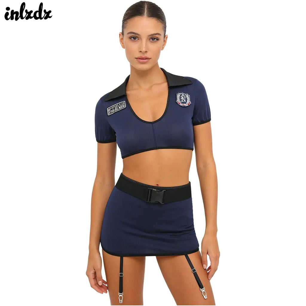 Womens Sexy Cosplay Lingerie Policewoman Costume Set Crop Top Miniskirt with Garters Clip T-back Thong And Waist Belt Clubwear