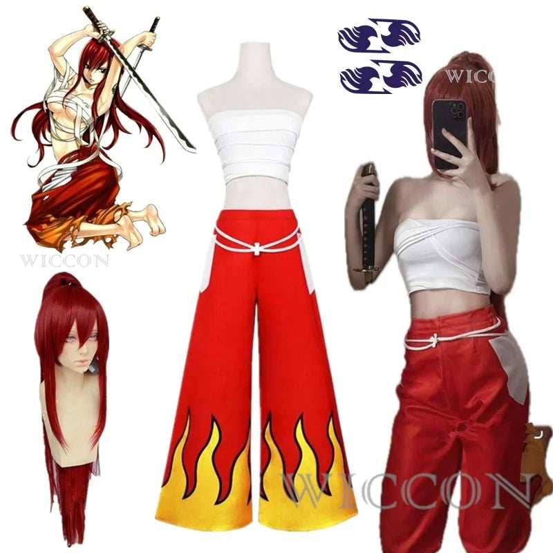 Erza Scarlet Costume Pants White Tube Tops Red Cool Set