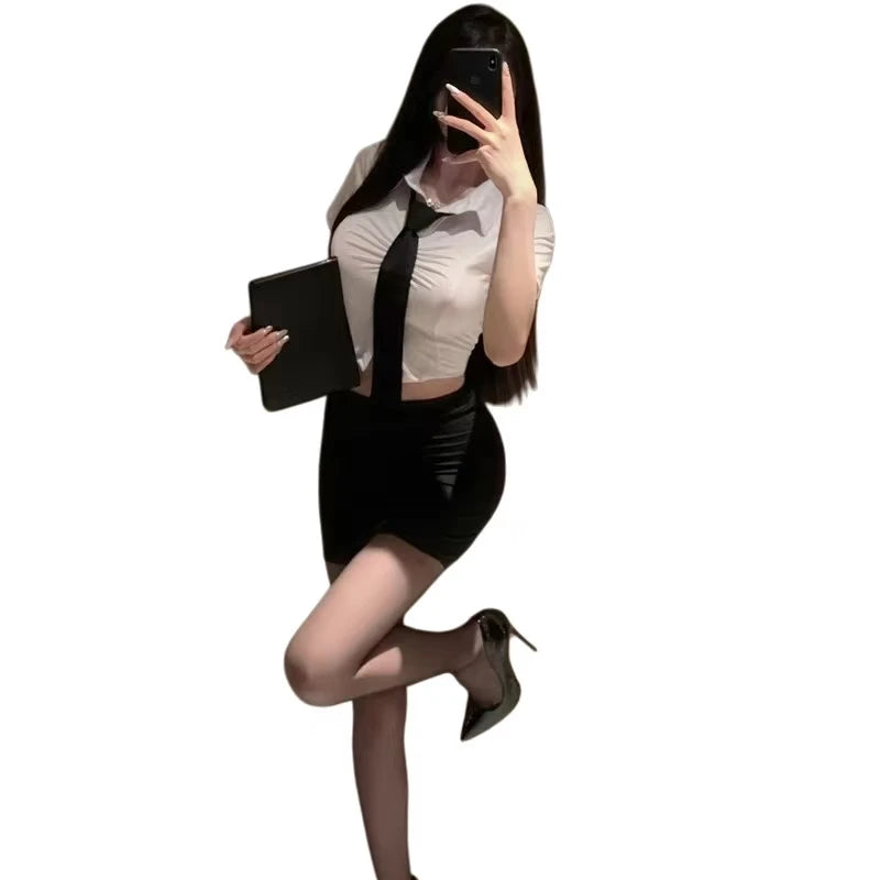 Sexy Lingerie Secretary Outfit Uniform Exotic Cosplay Costumes Office Lady Short Sleeve Top with Mini Skirt Porno Party Uniform