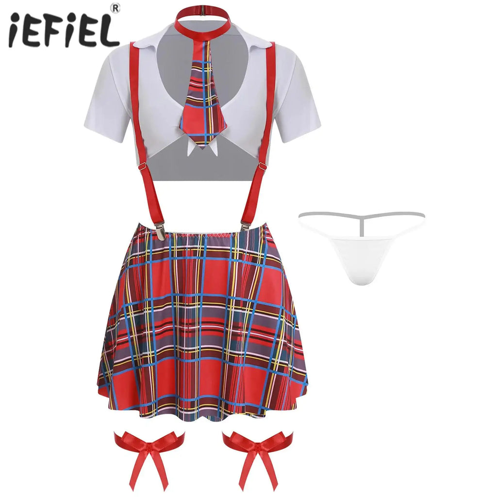 Women Lingerie School Girls Cosplay Costume Student Uniform Cropped Tops with Tie Plaid Suspender Mini Skirt Thong Underwear