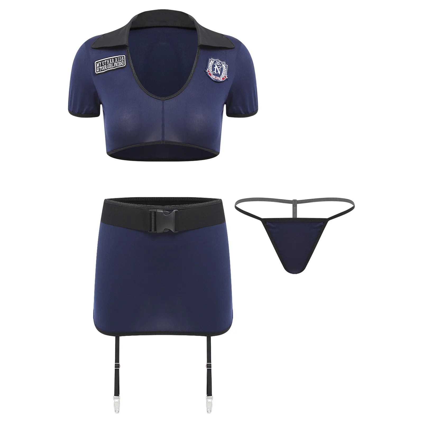 Womens Sexy Cosplay Lingerie Policewoman Costume Set Crop Top Miniskirt with Garters Clip T-back Thong And Waist Belt Clubwear